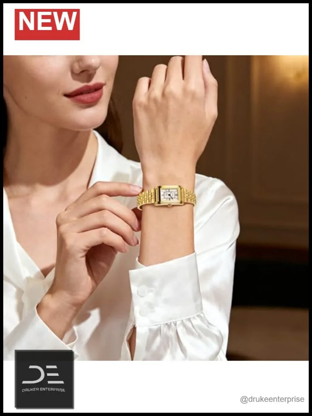 Vintage Rectangle Wrist Watch with Roman Dial, Quartz Movement, Gold Stainless